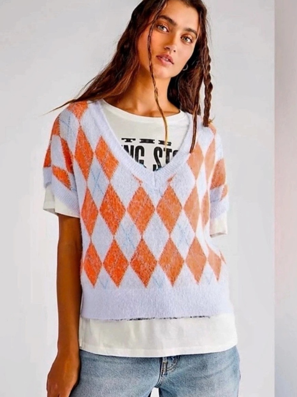 Free People Through The Motions Argyle Vest Peri Ice Blue Combo Women’s Small